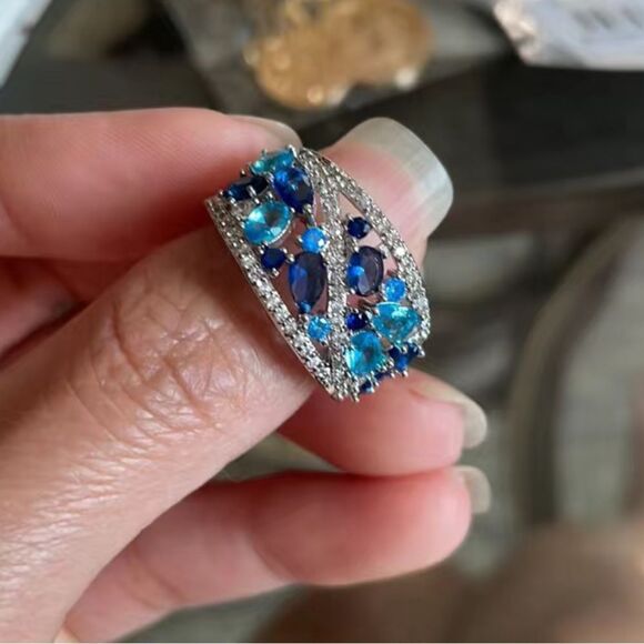 Huitan Jewelry - 🩵 Blue Crystal Cz Diamond Wide Band  Ring 💎